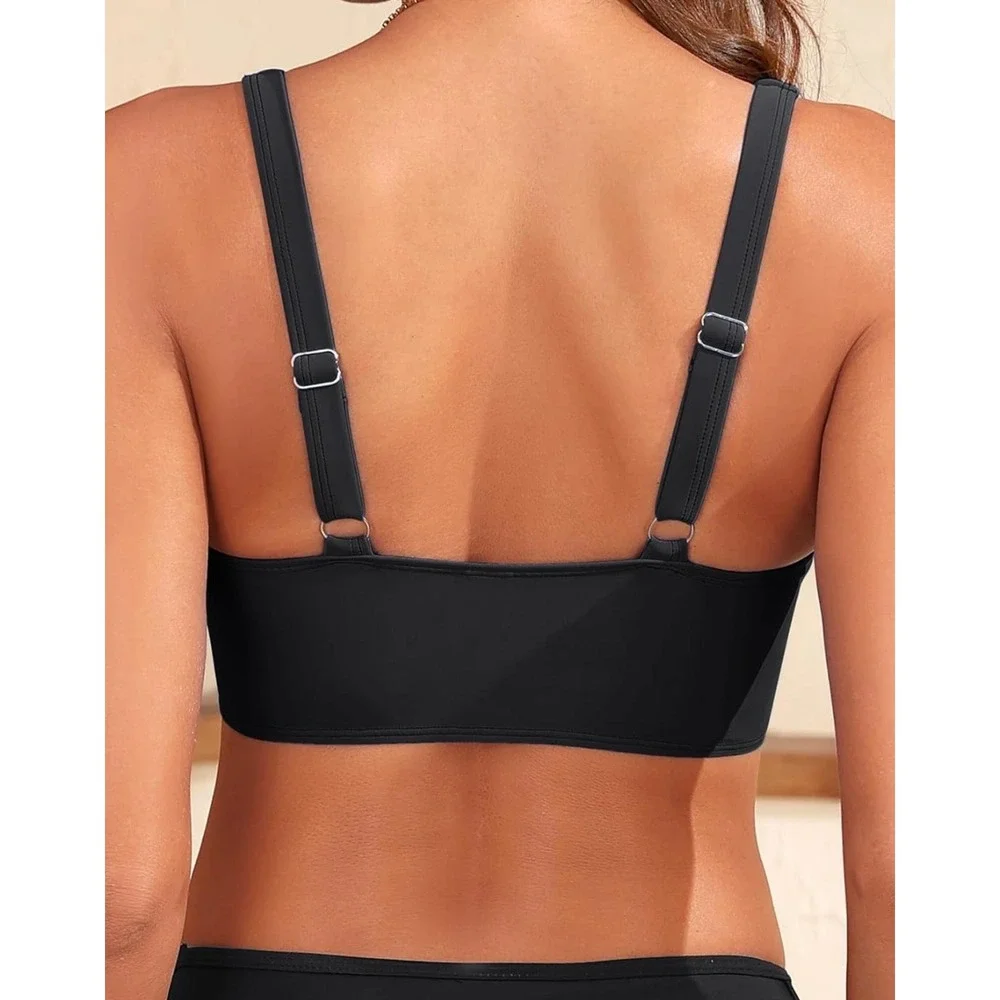 Yonique Black Crossover Bikini Top Adjustable Straps V-Neck Padded‎ Swim Top